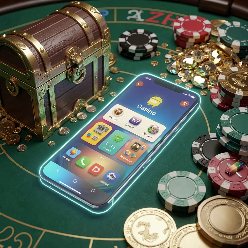 Ponsel pintar bercahaya menampilkan APK Kasino NX88 dengan tata letak aplikasi bergaya Android, dikelilingi peti harta karun, chip, dan koin dalam render 3D mewah