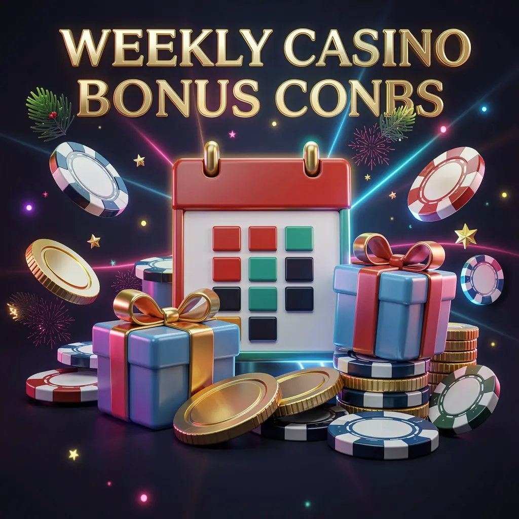 Konsep bonus kasino mingguan NX88 menampilkan ikon kalender, kotak hadiah, koin, dan chip pada latar belakang gelap meriah dengan cahaya neon dalam gaya 3D premium