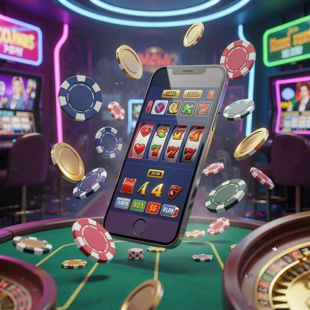 Konsep beranda hiburan kasino NX88 menampilkan ponsel modern yang dikelilingi simbol slot, roda roulette, chip, dan koin yang melayang dengan latar belakang kasino neon dalam render 3D premium
