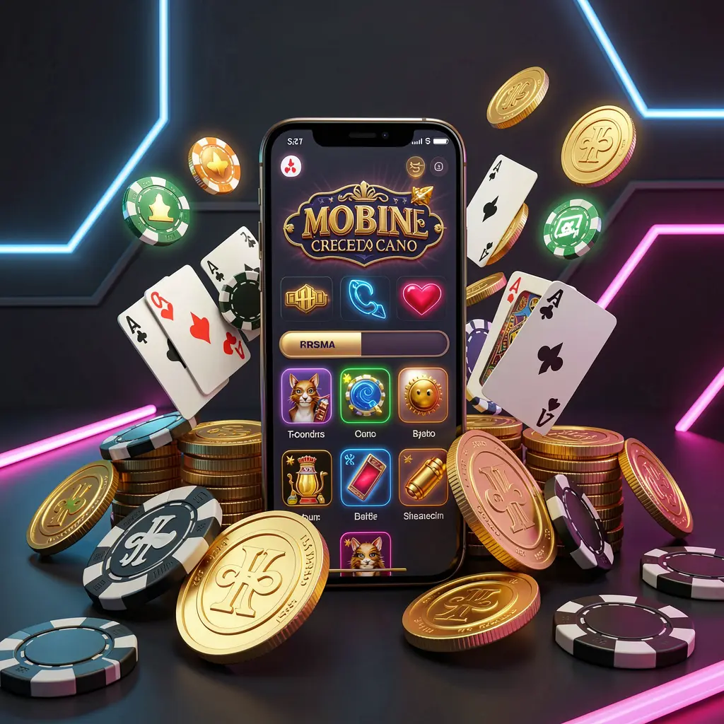 Konsep beranda kasino seluler NX88 menampilkan ponsel pintar yang dikelilingi koin emas, chip, kartu, dan ikon bercahaya pada latar belakang gelap modern dengan aksen neon